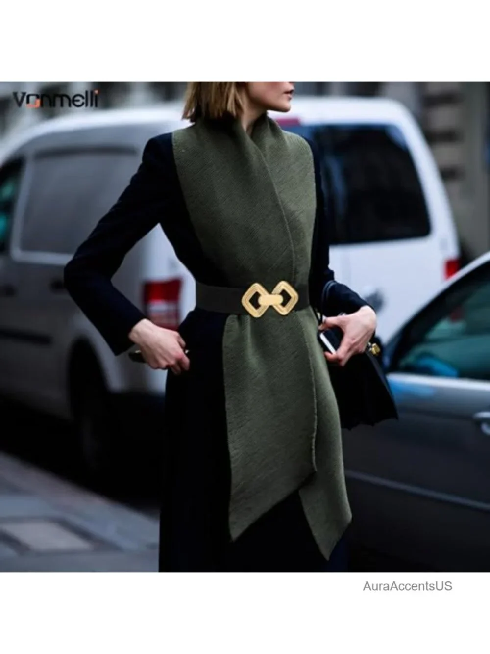 Wide Elastic Stretch Belt with Vintage Gold Buckle for Dresses
